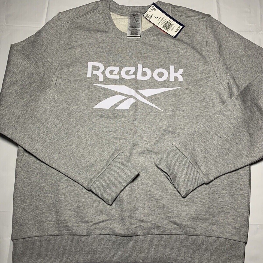 Reebok Gray Heather White French Terry Crew Neck Sweatshirt Womens Large RI BL